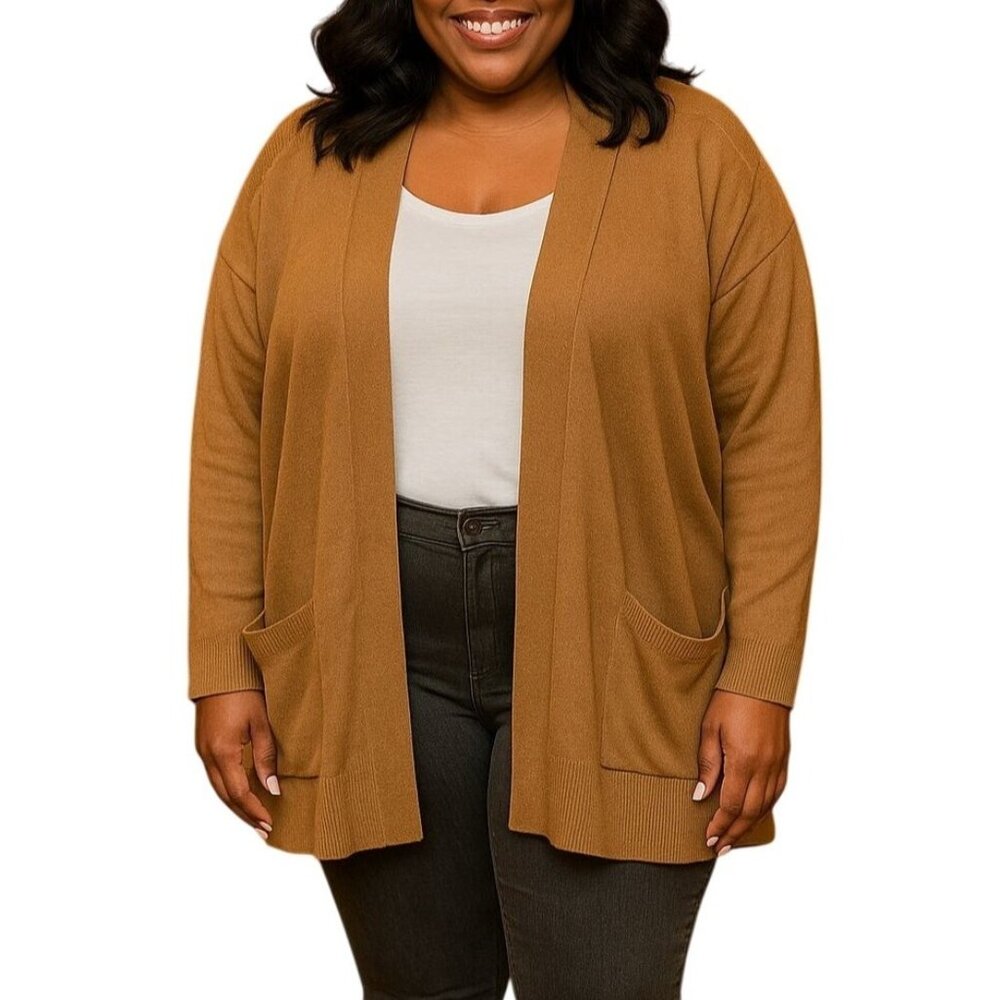 Terra & Sky Plus Size 2X Cardigan Sweater Open Front Ribbed Light Brown Pockets